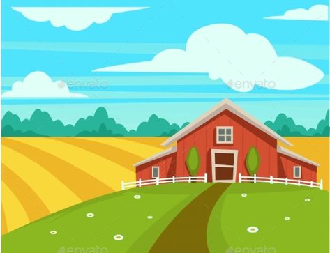 Farm house with grain and fodder barn. Vector cartoon flat design of farmer agriculture household building and harvest field rural agricultural scenery scenery Agriculture Pictures Drawing, Farmhouse Cartoon, Farm Background Drawing, Agriculture Cartoon, Farm Drawing Landscape, Farmland Landscape, Farmers House, Organic Farming Illustration, Farm Fields Landscapes