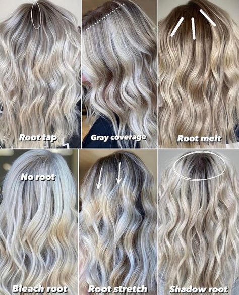 Blondes•Educator•Hair videos on Instagram: "Let’s talk roots‼️ Save this to show your clients when they have trouble deciding what they want. Clients- I wanted to show and explain all of the different root services available to make it a little easier to know what to ask for when at your hair appointment. Read below👇🏼 Root tap - is when a tiny amount of your natural color is applied just on a small amount of hair at the root Grey coverage- using a permanent color to conceal any hint of silve Root Stretch Hair, Root Stretch Hair Blonde, Blonde Hair Natural Roots, Hair Weaving Techniques, Root Tap, Natural Dark Blonde, Cool Blonde Hair Colour, Root Stretch, Blonde Hair With Roots