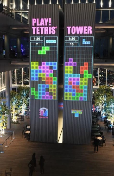 tetris tower giant wall play game japan osaka Gaming Booth, Tetris Building, Tetris Wall Art, Interactive Installation Game, Gaming Booth Exhibition, Game Expo, Tetris Game, Game Booth, Gaming Center