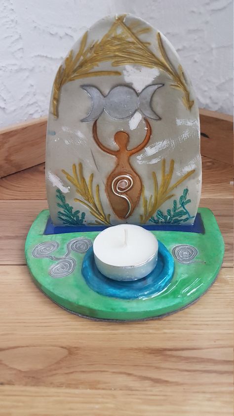 Wiccan Altar Candle Holder Clay and Resin Hand Painted by TheCovenWorkshop on Etsy Altar Candle Holder, Air Dry Clay Altar, Air Dry Clay Ideas To Sell, Air Dry Clay Candle Holder, Clay Altar, Candle Holder Clay, Smudging Crystals, Clay Candle Holders, Witchcraft Candles