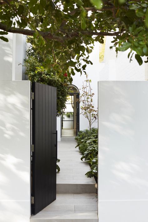 black front gate outside a victorian terrace that enters into a small courtyard garden Front Gate Ideas, House Front Gate, Dark Victorian, Courtyard Entry, Attic House, Gate Ideas, Front Gate Design, Front Courtyard, Small Modern Home