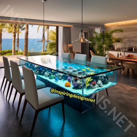 These Aquarium Dining Tables Will Make Waves at Your Next Dinner Party! – Inspiring Designs Table Aquarium, Dining Island, Aquarium Coffee Table, Think Bigger, Cube Chair, Feature Wall Design, Aquarium Design, Aquatic Life, Coastal Living Room