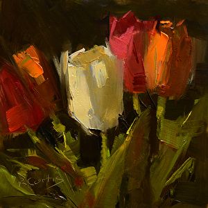 Four Tulips by Rita Curtis Oil ~ 6 x 6 Tulip Painting, Acrylic Painting Flowers, Abstract Floral Art, Boho Flowers, Painting Still Life, Night Painting, Literature Art, Still Life Art, Flower Art Painting