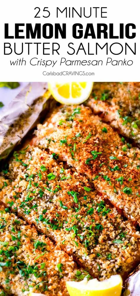 Panko Broccoli, Oven Baked Salmon Fillet, Lemon Garlic Butter Salmon, Salmon Garlic, Breaded Salmon, Oven Baked Salmon Recipes, Salmon Recipes Oven, Salmon Fillet Recipes, Baked Salmon Lemon