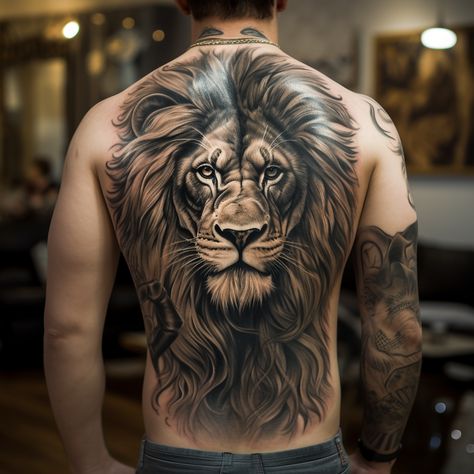 Lion On Back Tattoo, Lion Tattoo For Back Man, Lion Tattoo Design Back Piece, Lion Tattoo On Back Men, Back Lion Tattoos Men, Lion Tattoo Design Back, Lion Tattoo Men Back, Lion Tattoo Design Men, Lion Mane Tattoo