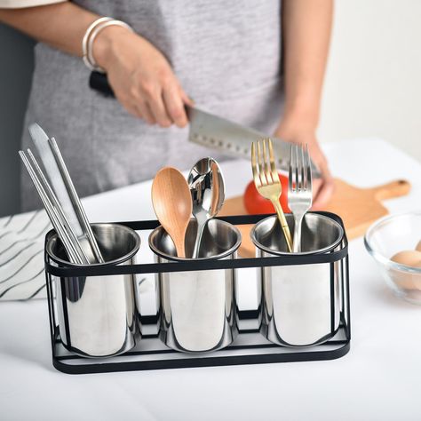 This silverware holder perfect for apartment kitchen where drawers are small and won’t fit a standard cutlery organizer and solved a kitchen dilemma with no drawer big enough for silverware. Suitable for storing, drying and keeping your favorite flatware accessible on the countertop. Silverware Caddy, Cutlery Organizer, Utensil Caddy, Silverware Holder, Stainless Steel Utensils, Utensil Crock, Kitchen Utensil Holder, Cutlery Holder, Metal Rack