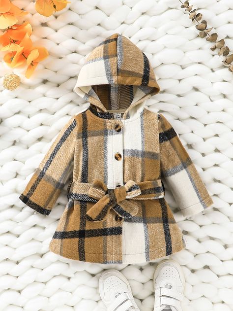 Multicolor Casual Collar Long Sleeve Fabric Plaid Other Embellished Non-Stretch  Baby Clothing Girls Dress Coats, Plaid Baby, Baby Coat, Plaid Outfits, Winter Outerwear