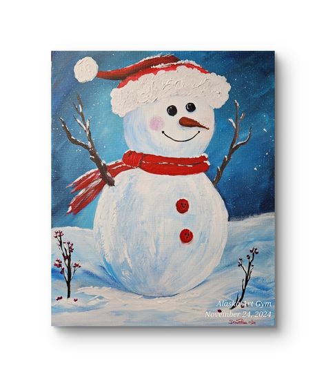 Happy Snowman, 16 x 20 canvas, acrylics, by DawnRae 11/24/24 Snowman Painting On Canvas, Snowmen Paintings On Canvas, Happy Snowman, Painting Winter, Christmas Paintings On Canvas, Snowman Painting, Christmas Paintings, Painting On Canvas, Canvas Painting