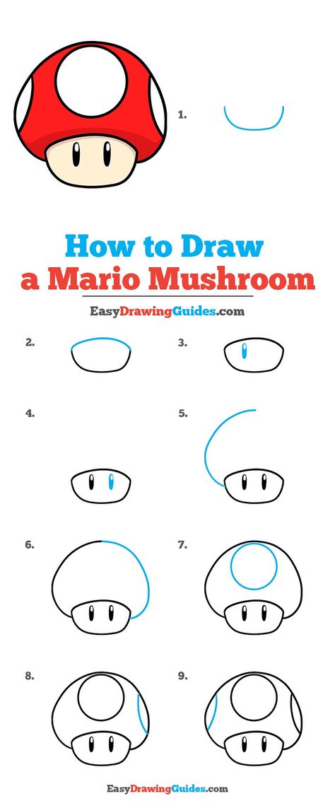 How to draw, mario, mushroom Mario Doodles Easy, How To Draw Stuff Step By Step, Simple Mario Drawing, How To Draw Mario Characters, Mario Mushroom Drawing, How To Draw Mario, Easy Drawing Guides, Mario Game, Easy Disney Drawings