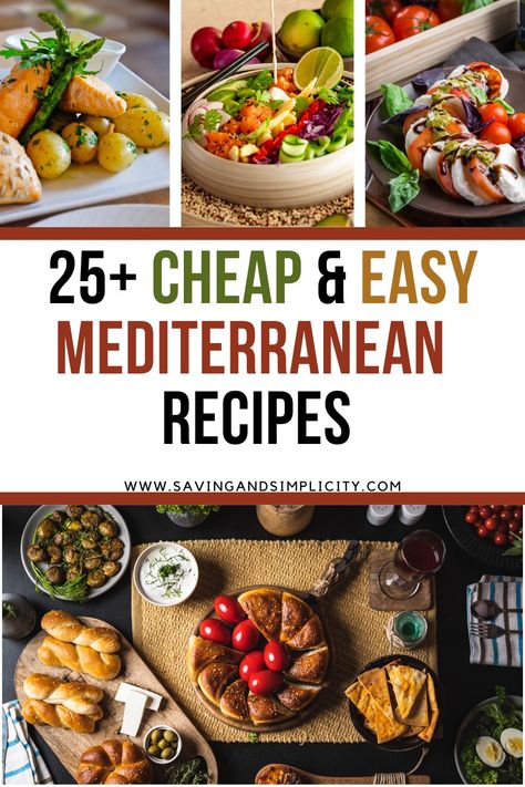 Simple yummy easy to make Mediterranean meals. 25 Cheap and easy Mediterranean recipes perfect for dinner tonight. Including Greek salad, chicken souvlaki, roasted lamb, falafel, tzatziki, humus and so much more. Greek food, Italian food, Moroccan food and other Mediterranean dishes. Simple Mediterranean Recipes, Greek Salad Chicken, Mediterranean Chicken Recipes, Salad Greek, Roasted Mediterranean Vegetables, Easy Mediterranean Recipes, Mediterranean Diet Food List, Mediterranean Recipes Healthy, Greek Dinners