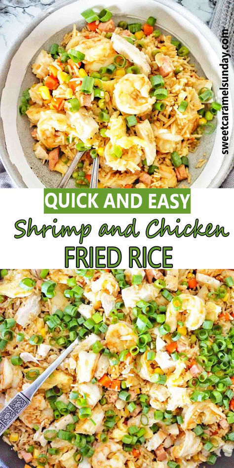 Fried rice with chicken and shrimp in grey bowl with text written between 2 images. Chicken And Prawn Fried Rice, Shrimp Chicken Fried Rice, Chicken And Prawn Recipes, Chicken And Shrimp Rice, Chicken And Shrimp Fried Rice, Combination Fried Rice, Prawn Fried Rice, Shrimp And Chicken, Shrimp Fried Rice Recipe