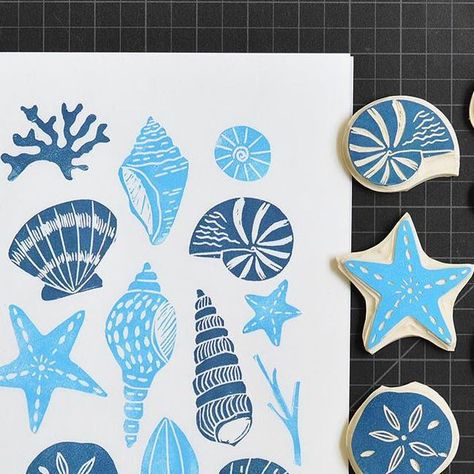 Seashell Lino Print, Hand Carved Rubber, Linoleum Print, Linocut Printmaking, Lino Art, Andrea Lauren, Hand Carved Stamps, Stamp Carving, Linocut Art