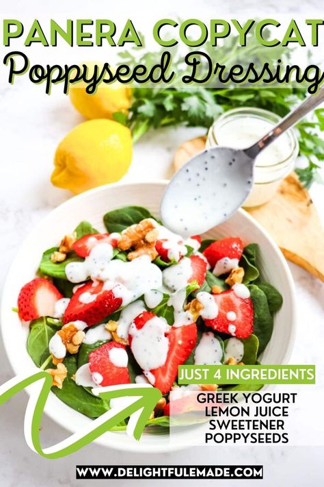 EASY Panera Copycat Poppyseed Salad Dressing Recipe Panera Poppyseed Dressing, Dressing With Greek Yogurt, Creamy Poppyseed Dressing, Greek Yogurt Veggie Dip, Poppyseed Dressing Recipe, Poppyseed Salad Dressing, Olive Oil Salad Dressing, Homemade Dressing Recipe, Healthy Dressing Recipes