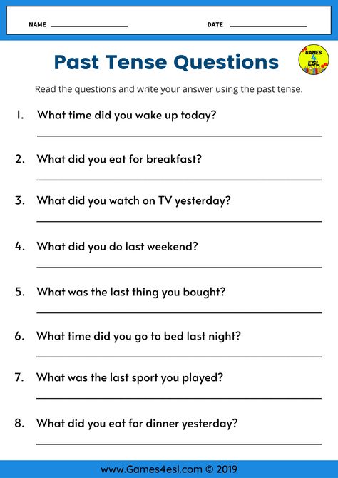 An ESL Worksheet to teach past tense verbs and expressions in English.   Students should read the past tense question and then write an answer using past tense verbs. Includes both regular and irregular past tense verbs. Esl Writing Activities Worksheets, Irregular Past Tense Verbs Worksheet, Past Tense Activities, Past Tense Verbs Worksheets, Irregular Verbs Worksheet, Esl Worksheets For Beginners, Simple Past Tense Worksheet, Regular Past Tense Verbs, Tense Worksheet