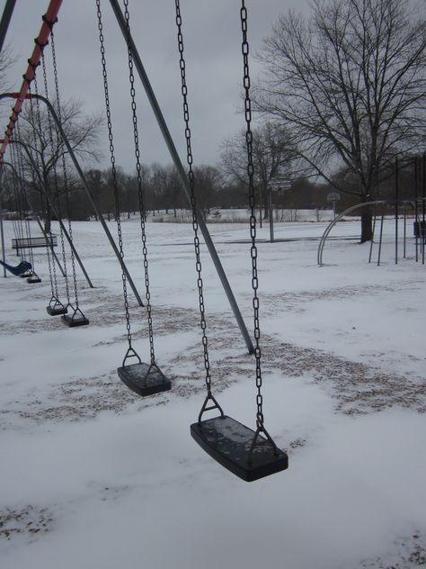 Lonely swingset at Bryan Park in Bloomington, Indiana, January 2012 Aesthetic Swingset, Indiana Aesthetic, Hometown Aesthetic, Park Swings, Southern Aesthetic, Dark Landscape, Southern Indiana, Bloomington Indiana, Three Musketeers