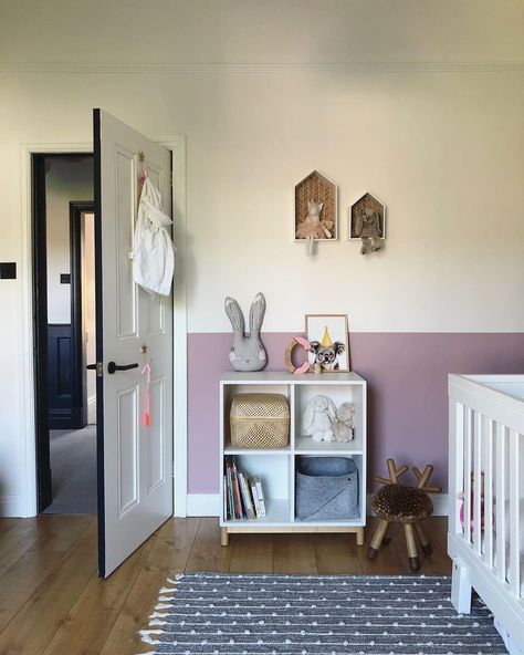 R E B E C C A on Instagram: “A little WIP of the nursery which is having a bit of a facelift... I’ve wanted to do this scandi style half painted wall for ages but it’s…” Painting Bottom Half Of Wall, Lilac Wall Paint Bedrooms, Half Painted Wall With Trim, Half Pink Wall, Split Wall Paint, Paint Half Wall, Half Wall Paint Ideas, Two Tone Painted Walls, Lilac Room Ideas