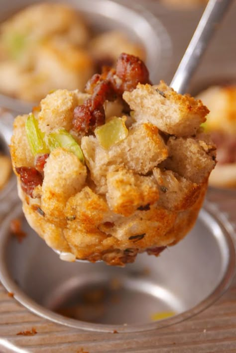 Stuffin' Muffins - I would use Pepperidge Farm stuffing mix. Holiday Bites, Stuffin Muffins, Thanksgiving For Two, Pepperidge Farm Stuffing, Stuffing Muffins, Traditional Thanksgiving, Thanksgiving Cooking, Muffin Tin Recipes, Stuffing Recipes