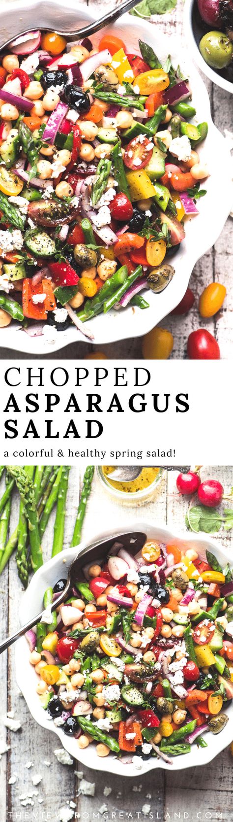 Chopped Asparagus Salad, is a healthy gluten free bean salad perfect for spring. Add some great canned tuna and hard cooked eggs to make it a main course salad. #recipe #easy #salad #asparagus #beansalad #glutenfree #healthy #nomayo #Mediterraneandiet #weightwatchers #feta #choppedsalad #lunch #sidedish #vegetarian #vegan Salad Asparagus, Main Course Salad, Asparagus Salad Recipe, Recipe Asparagus, Asparagus Seasoning, Asparagus Recipes, Canned Tuna, Asparagus Pasta, Hard Cooked Eggs