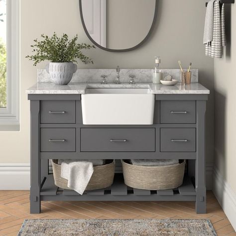 #storage #bathroomstorage #bathrooms Country Style Bathroom Vanity, 48 In Bathroom Vanity Ideas, Bathroom Colors With Gray Vanity, Grey Vanity Bathroom, Country Bathroom Vanity, Bathroom Vanity 48 Inch, Grey Farmhouse Bathroom, Bathroom Sinks And Vanities, Gray Bathroom Vanity