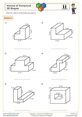 Volume of Compound 3D shapes Worksheet Volume Of 3d Shapes, Surface Area And Volume, 3d Shapes Worksheets, Composite Shapes, Volume Worksheets, Volume Math, Math Signs, Area Worksheets, Math Lab