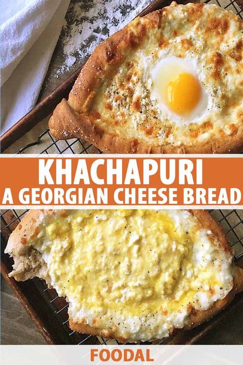 Khachapuri, a cheesy bread recipe, is a popular dish from the country of Georgia shared and eaten by hand. A combo of cheeses bakes on top of fluffy yeasted dough. Right before serving, a barely cooked egg is mixed right in. It's fun, indulgent, and delicious. Get the recipe on Foodal. #khachapuri #partyfood #foodal Khachapuri Recipe Georgia, Khachapuri Recipe, Georgian Recipes, Cheesy Bread Recipe, Georgian Food, Georgian Cuisine, Cheese Bread Recipe, Bread Cheese, Cheesy Bread