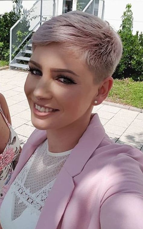 Ultra Short Haircuts For Women, Short Hair With Widows Peak Women, Short Chemo Hairstyles, Short Pixie Thick Hair, Chemo Haircut For Women, Shaved Pixie Haircut For Round Faces, Pink Short Hair Pixie Cuts, Ultra Short Pixie Haircuts For Women, Super Short Pixie Shaved Sides