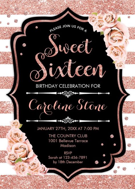 Sweet Sixteen Birthday Invitation. Elegant floral black white design with faux glitter rose gold. Features stylish stripes, blush pink roses and modern script font. Perfect for a glam 16th birthday party. Black And Rose Gold Sweet 16 Party Ideas, Black White Invitation, Sweet Sixteen Birthday Invitations, Rose Gold Invitations, Birthday Roses, Sweet 16 Cakes, Glitter Roses, Sweet Sixteen Birthday, Flower Invitation