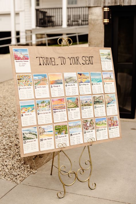 Explore a unique love story through art with this one-of-a-kind seating chart, adorned with hand-painted locations that hold significance for the bride and groom. 🎨✨ This personalized masterpiece replaces traditional table numbers with cherished memories, making every seat a part of their journey. Crafted with love by a bridesmaid, it's a heartfelt touch that transforms the wedding experience into a visual tale of their adventures. Creative Find Your Seat Wedding, Wedding Table Number Unique, Our Favorite People Our Favorite Places Seating Chart, Wedding Table Numbers Travel, Post Card Wedding Seating Chart, Seating Chart Alternative, Lego Wedding Seating Chart, Travel To Your Seat Wedding, Location Table Numbers