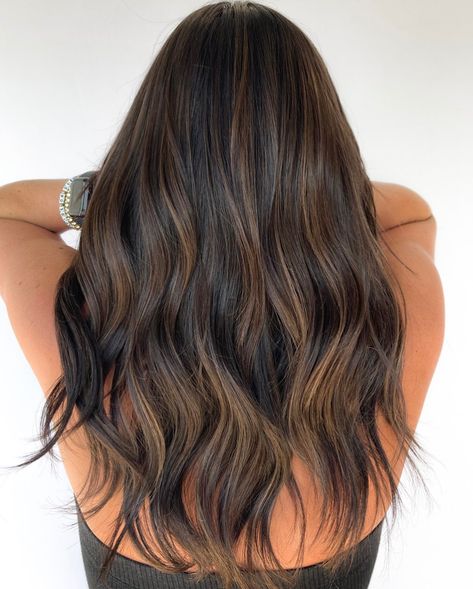 Partial Highlight On Dark Hair, Partial Brown Highlights, Dark Brunette Partial Balayage, Partial Balayage Dark Brown, Partial Balayage For Dark Brown Hair, Half Head Highlights Dark Brown Hair, Soft Brown Balayage On Black Hair, Brown Partial Highlights, Brown Partial Balayage