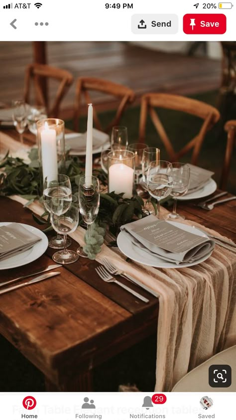 Rustic Earth Tone Wedding, Farmhouse Wedding Table, Farm Table Wedding, Wedding Candles Table, Wedding Reception Food, Reception Tables, Unique Wedding Flowers, Table Runners Wedding, Farmhouse Wedding