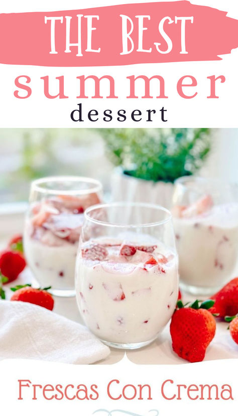 summer dessert, frescas con crema Fresas Crema Recipe Mexican, Mexican Strawberries And Cream, Mexican Strawberries, Berries And Cream Recipe, Crema Recipe, Mexican Treats, Strawberry And Cream, Summer Food Party, Quick Dessert