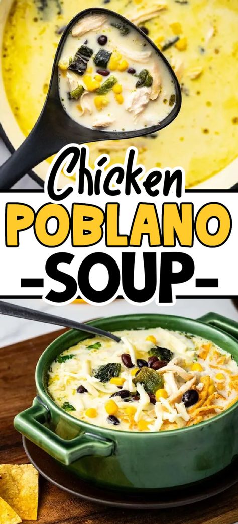 Say goodbye to bland weeknight soup. This easy roasted poblano chicken soup is the perfect way to warm up on a chilly evening. The unique and balanced flavors start with a savory and tangy broth with pantry staples. The star of the show, smokey charred poblano peppers, combine with black beans and sweet corn for a hearty soup with many layers of flavor. No Grain Dinner Recipes, White Chicken Enchiladas Soup, Unique Soups Recipes, Poblano Pepper Recipes Soup, Different Soups Recipes, Easy Poblano Pepper Recipes, Easy Unique Dinner Recipes, Unique Soup Recipes, Creamy Chicken Poblano Soup