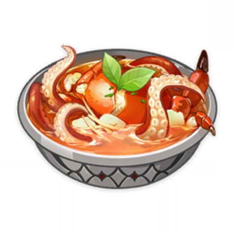 A Prize Catch is a special food item that the player has a chance to obtain by cooking Calla Lily Seafood Soup with Tartaglia. The recipe for Calla Lily Seafood Soup is obtainable from Sara in Good Hunter (located in the City of Mondstadt) for 5,000 Mora after reaching Adventure Rank 30. A Prize Catch increases the party's defense by 282 for 300 seconds. Like most foods, this has no effect for other players in Co-Op Mode; this effect only applies to the player's party. The following b... Food Artwork, Food Png, Food Fantasy, Food Illustration Art, Seafood Soup, Cute Food Art, Game Food, Food Drawing, Food Illustrations