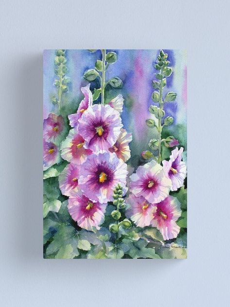 Hollyhocks Canvas Print by Ann Mortimer | Watercolor flower art, Flower art, Abstract flower painting Ann Mortimer, Cast Shadow, Modern Art Acrylic, Very Dark Green, Composition Painting, Pressed Paper, Dark Green Background, Watercolor Flower Art, Abstract Flower Painting