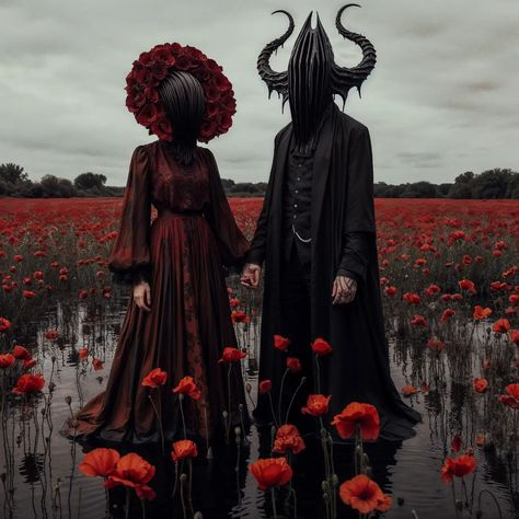 " The Lovers" 🥀❤️💀 #poppies #lovers #dark #aiart #aiartwork #aiartcommunity #darkaiart #darkart #creature #dalle3 #digitalart #gothic #red #flowers #visualart #modernart #aiartdaily #aiimagination #darkvibes #aiphotography Halloween Couple Photoshoot, Fae Ball, Spooky Couple, Russian Aesthetic, Cosplay Idea, Horror Photography, Vintage Halloween Photos, Dark Princess, Dark Magic