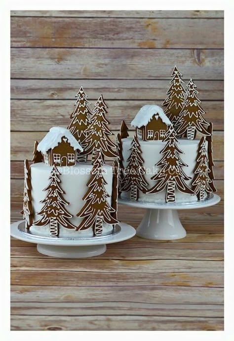 Jul Kaka, Winter Torte, Cakes Decorated, Christmas Cake Designs, Cupcakes Decorados, Christmas Cake Decorations, Xmas Cake, Christmas Gingerbread House, Tree Cakes