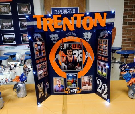 Senior Tri Fold Board Ideas, Tri Fold Senior Board Ideas, Wrestling Senior Board, Senior Night Trifold Board Basketball, Senior Night Posters Wrestling, Senior Night Boards Basketball, Wrestling Senior Night Ideas Poster, Senior Basketball Posters, Senior Night Poster Ideas Basketball