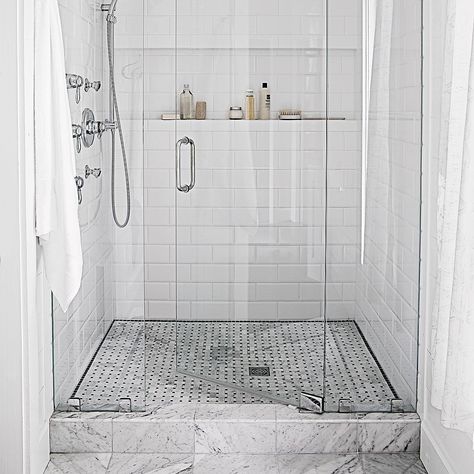 How to Replace a Showerhead White Tiled Bathroom, Small Bathroom Upgrades, Restroom Remodel, Tile Walk In Shower, Tiled Bathroom, Small Shower Remodel, Small Showers, Gorgeous Bathroom, Corner Shower