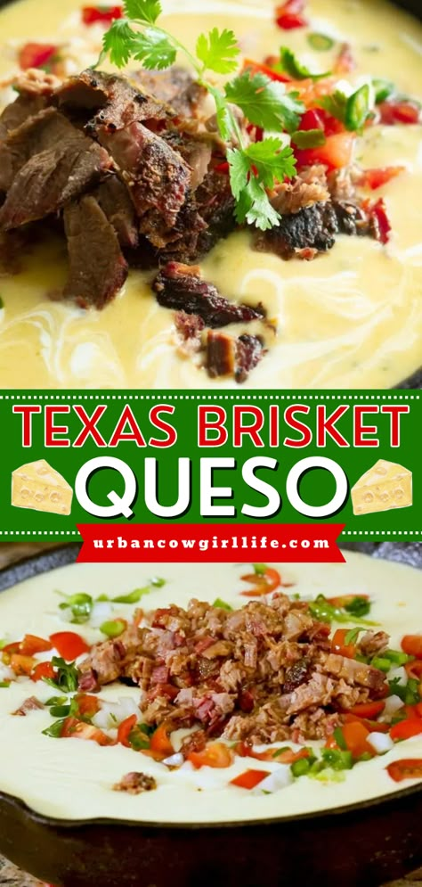 The perfect holiday appetizer! Your Christmas party food must have this classic Texas queso recipe that's authentic. Topped with pico de gallo and smoked brisket, this queso dip is also an irresistible New Year party idea! Texas Queso, Brisket Queso, Texas Brisket, Brisket Recipes Smoked, Queso Recipe, Appetizers For A Crowd, Brisket Recipes, Tailgating Recipes, Smoked Brisket