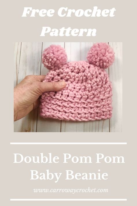 Double Pom Pom Baby Beanie - Free Pattern - Carroway Crochet Patterns For Baby Clothes, Baby Beanie Crochet Pattern, Room Crochet, Crochet Baby Hats Free Pattern, Baby Hat Free Pattern, Crochet Baby Cap, Crochet Baby Stuff, Crochet Newborn Hat, Crochet Caps