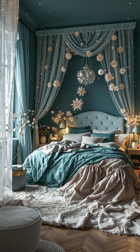 Dark Teal Bedroom Bedroom Interior Decor Ideas, Dreamy Blue Bedroom, Moody Whimsical Bedroom, Teal Room Ideas Bedrooms, Dark Forest Bedroom Ideas, Blue Maximalist Bedroom, Romantic Blue Bedroom, Cozy Whimsical Bedroom, Anthropologie Bedroom Decor