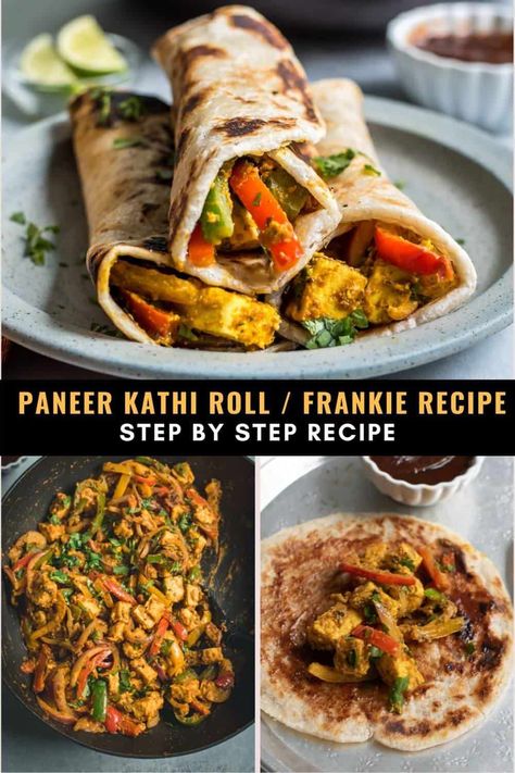 Take your meal prep to the next level with these paneer frankie rolls. Seasoned paneer, onions, peppers, and chutney wrap up in a warm paratha for a filling and flavorful lunch or dinner recipe. Ready in 30 minutes this kati roll recipe makes an excellent weeknight dinner that can also be wrapped up and taken to lunch. This homemade paneer kati roll is bursting with flavor and is the perfect vegetarian recipe for a quick snack or street-food inspired lunch. Kati Roll Recipe, Paneer Kathi Roll Recipe, Kathi Roll Vegetarian, Paratha Roll Recipe, Paneer Frankie, Paneer Wrap, Kathi Roll Recipe, Kati Roll, Paneer Kathi Roll