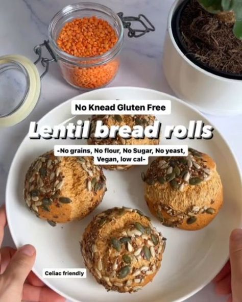 @goveganchallenge on Instagram: ""GET The Complete Plant Based Cookbook - Over 200+ Delicious Vegan Recipes Including 30-day Meal Plans" =>> LINK IN BIO 🔗 @goveganchallenge

1️⃣ or 2️⃣? Which #recipe would you try?👇

1️⃣ No Knead Gluten Free Lentil bread rolls

By @Dr.doodoolicious

These easy vegan, coeliac friendly/gluten free lentil bread rolls are good for your gut and waistline (low calorie). And no grains, flour, sugar or yeast is used
Nutritional value per roll (w/o toppings): 14.5/13.4 g dietary fiber, 14.8/12.8 g protein, 200 g legumes
Prep: < 10 min Soaking time: > 2 h Oven time: 25 min Yields: 4 rolls

Ingredients:
•200 g (1 cup) dry red lentils, rinsed
•20 g (¼ cup) whole psyllium husk (not powder)
•60 ml (¼ cup) water
•1½ tbsp olive oil
•½ tsp baking soda
•½ tsp salt
•½ tbsp Psyllium Husk Recipe, Lentil Bread, Gluten Free Vegan Bread, Vegan Plan, Yorkshire Pudding Recipes, Psyllium Husk, Bread Alternatives, Plant Based Cookbook, Vegan Side Dishes