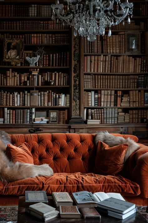 Dark Academia Library Wallpaper, Burnt Orange House Exterior, Library Wallpaper Aesthetic, Burnt Orange Aesthetic, Old Library Aesthetic, Academia Library, Dark Academia Library, Library Wallpaper, Library Inspiration