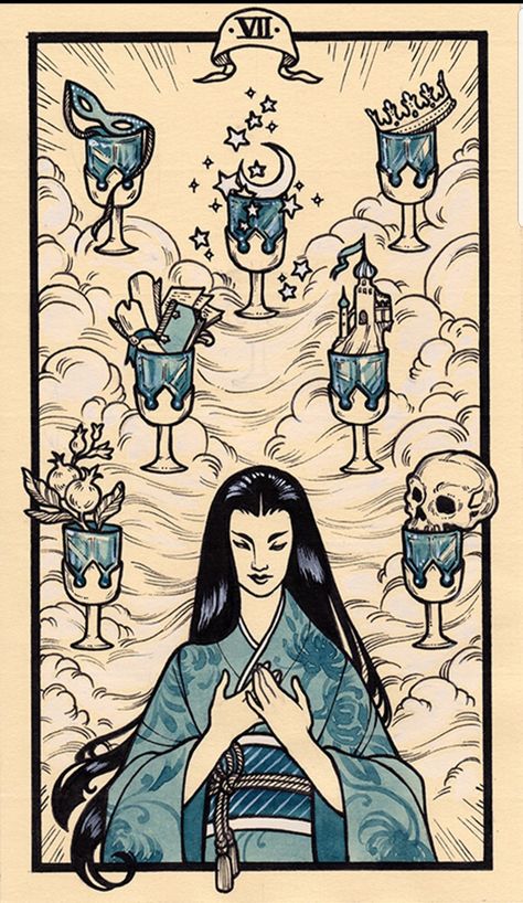 Seven of Cups Tarot Cards Spreads, 7 Of Cups, Fyodor Pavlov, Seven Of Cups, Spreads Tarot, Hanged Man Tarot, Learn Tarot, Cups Tarot, Vintage Tarot