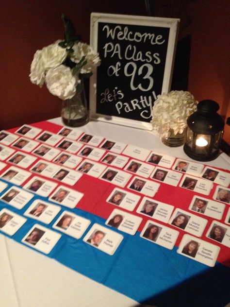 Class reunion welcome table! Name tags and chalk board welcome sign written with chalk marker High School Reunion Planning, Reunion Name Tags, High School Reunions, School Reunion Decorations, Reunion Activities, Class Reunion Planning, 50th Class Reunion Ideas, Reunion Centerpieces, 10 Year Reunion