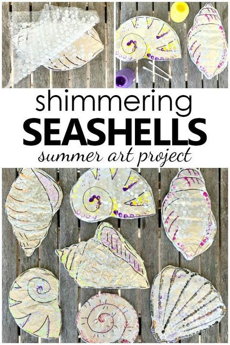 In this Shimmering Shell Craft Project kids will tap into the senses as they create Seashell Art. Great project for summer camps or summer fun at home. Beach Art Projects, Sea Collage, Ocean Art Projects, Ocean Ideas, Swim Camp, Sea Shell Art, Summer Art Projects, Ocean Unit, Shell Craft