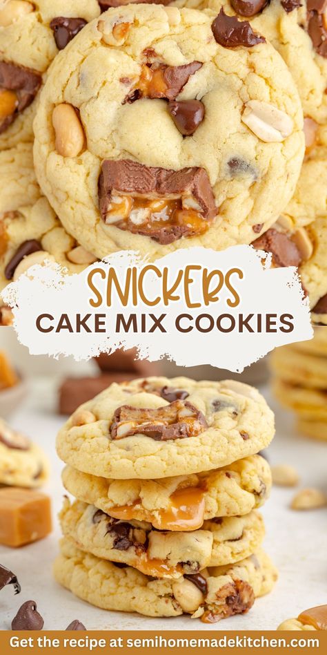 Gourmet Cake Mix Cookies, Chocolate Chunk Cookie Bars, Yellow Cake Mix Chocolate Chip Cookies, Cake Mix Banana Cookies, Cookie Recipe With Cake Mix Easy, Snickerdoodle Cake Mix Cookies, Chocolate Snickerdoodle Cookies, Boxed Cake Cookies, Snickers Desserts