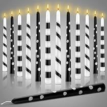 Black White Party Decor, Black White Christmas Table, Black And White Fireplace, Black And White Candles, Painted Taper Candles, Black And White Party Decorations, Black And White Christmas Decor, Fireplace Candles, Table Candles