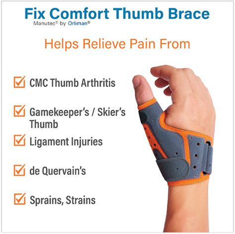 The Fix Comfort Thumb Brace is carefully crafted to provide a level of luxury and comfort that makes it the ideal thumb brace for a range of conditions. This firm support brace extends just below the wrist to the end joint of the thumb, to rest and reduce pain from Thumb Arthritis, Gamekeepers or Skier’s Thumb and overuse injuries. Thumb Pain Relief, Braces Colors Ideas, Hand Therapy Exercises, Thumb Brace, Thumb Splint, Finger Injury, Health Aesthetic, Hip Pain Relief, Ligament Injury